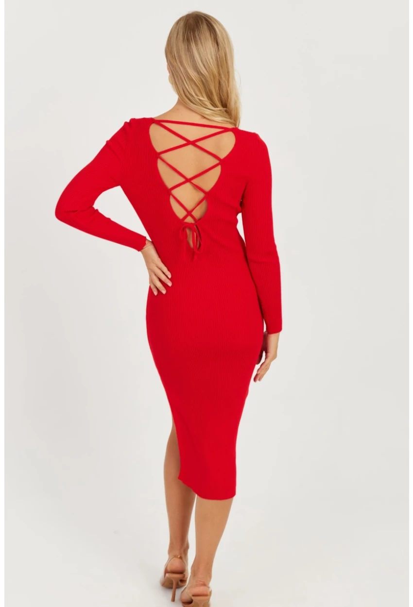 Kadın Kırmızı Sırtı Çapraz Triko Midi Elbise YZ407