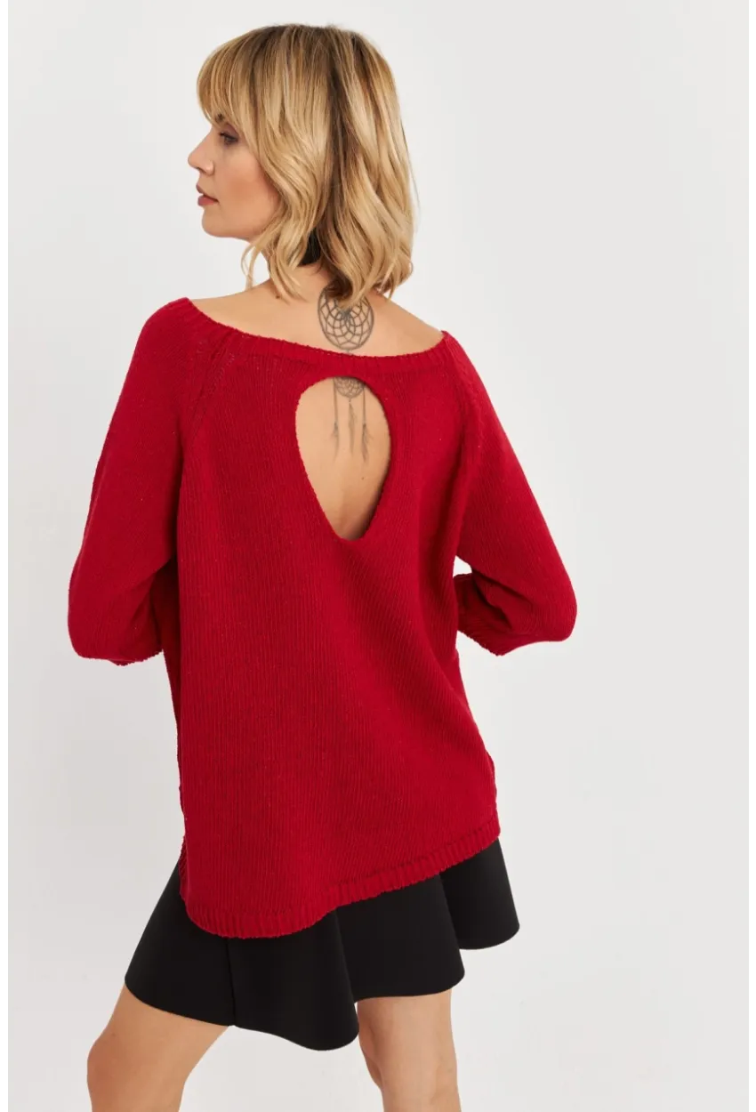 Kadın Kırmızı Sırtı Damla Triko Bluz YV267