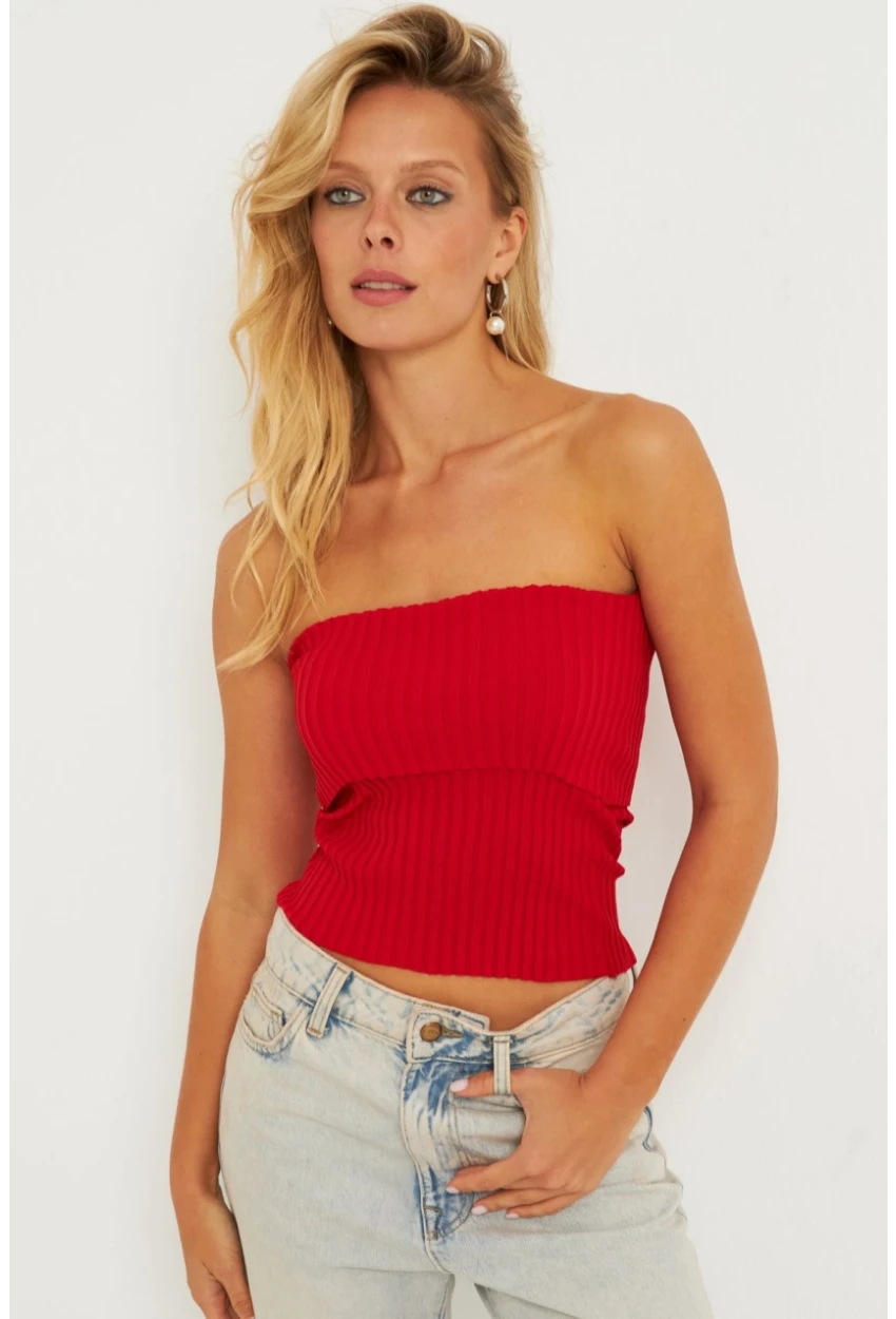 Kadın Kırmızı Straplez Triko Bluz YV240