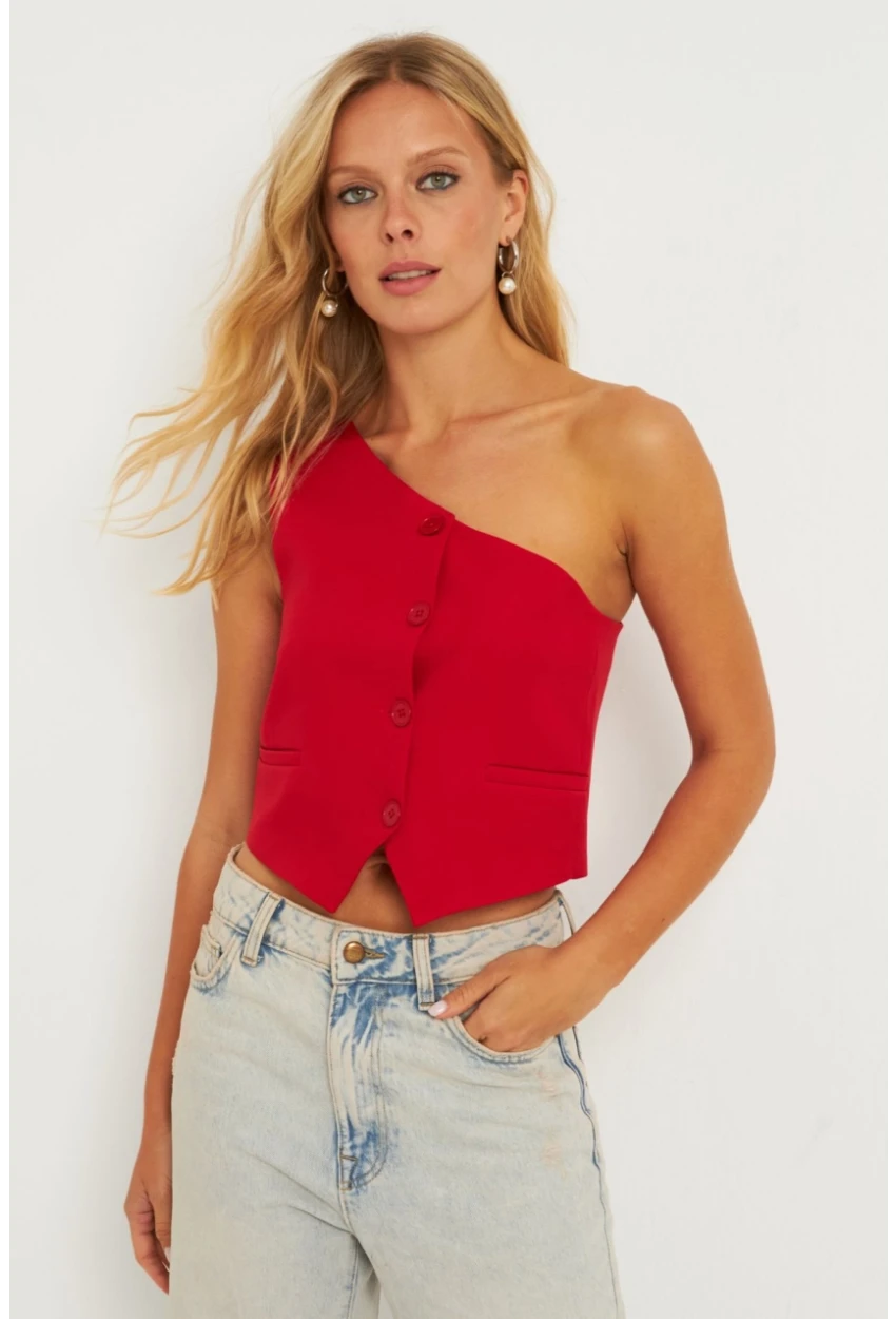 Kadın Kırmızı Tek Omuz Astarlı Yelek TW60140