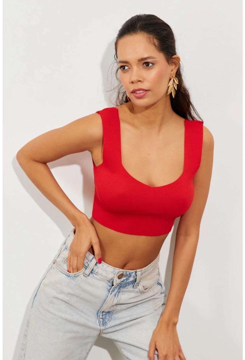 Kadın Kırmızı Triko Crop Atlet YV118