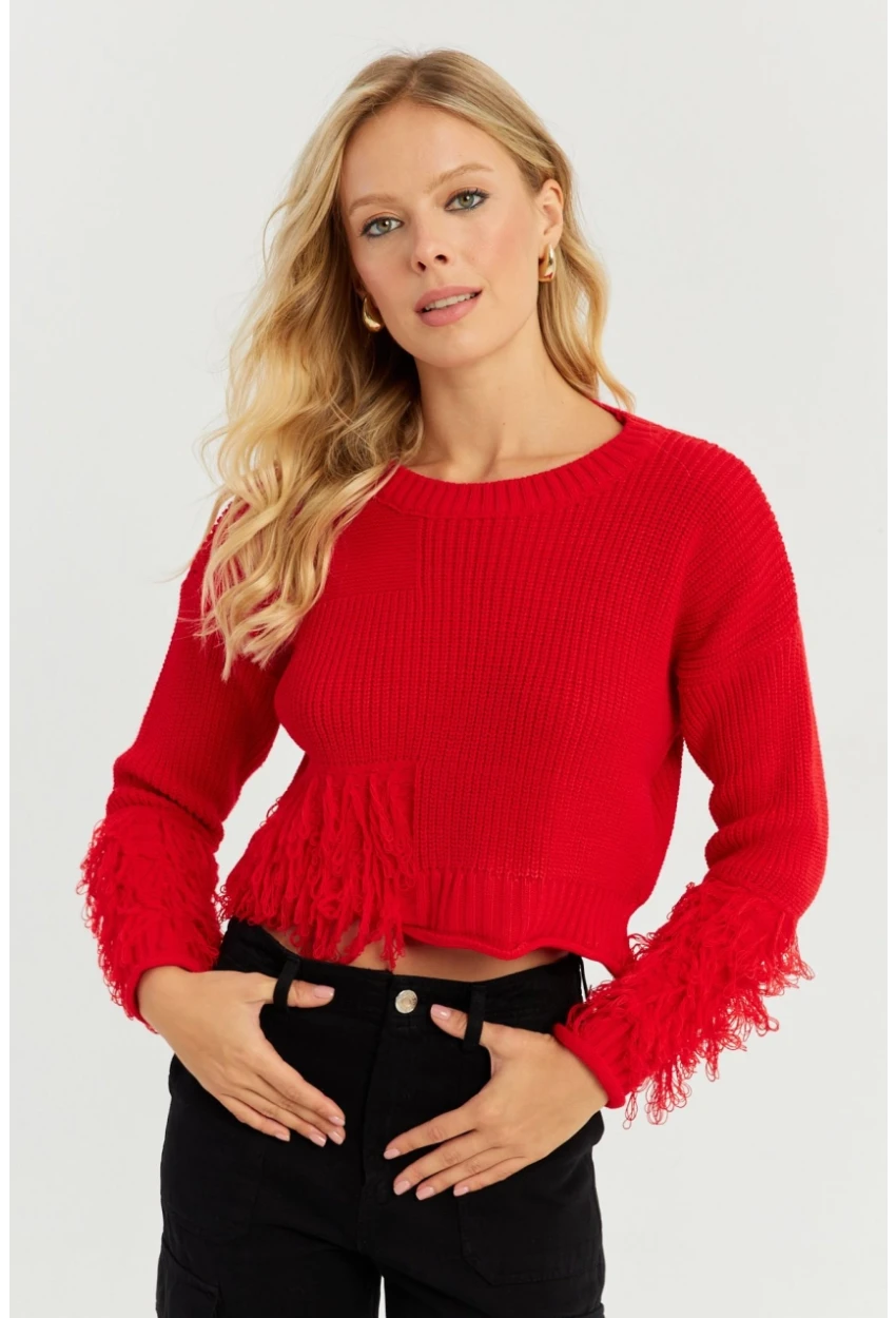 Kadın Kırmızı Triko Kısa Kazak YZ526