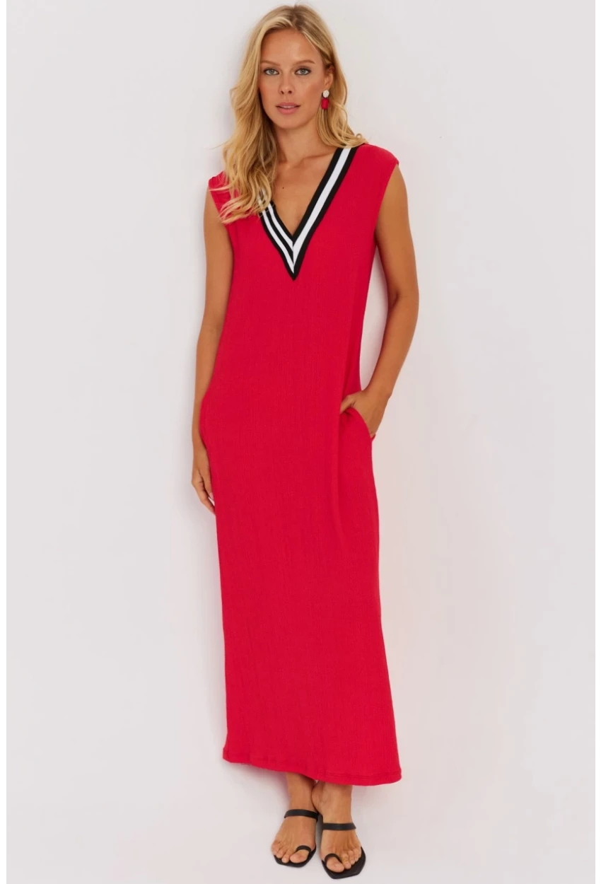 Kadın Kırmızı V Yaka Bloklu Maxi Elbise EY2779