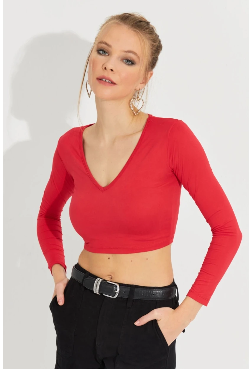 Kadın Kırmızı V Yaka Crop Bluz LPP1241