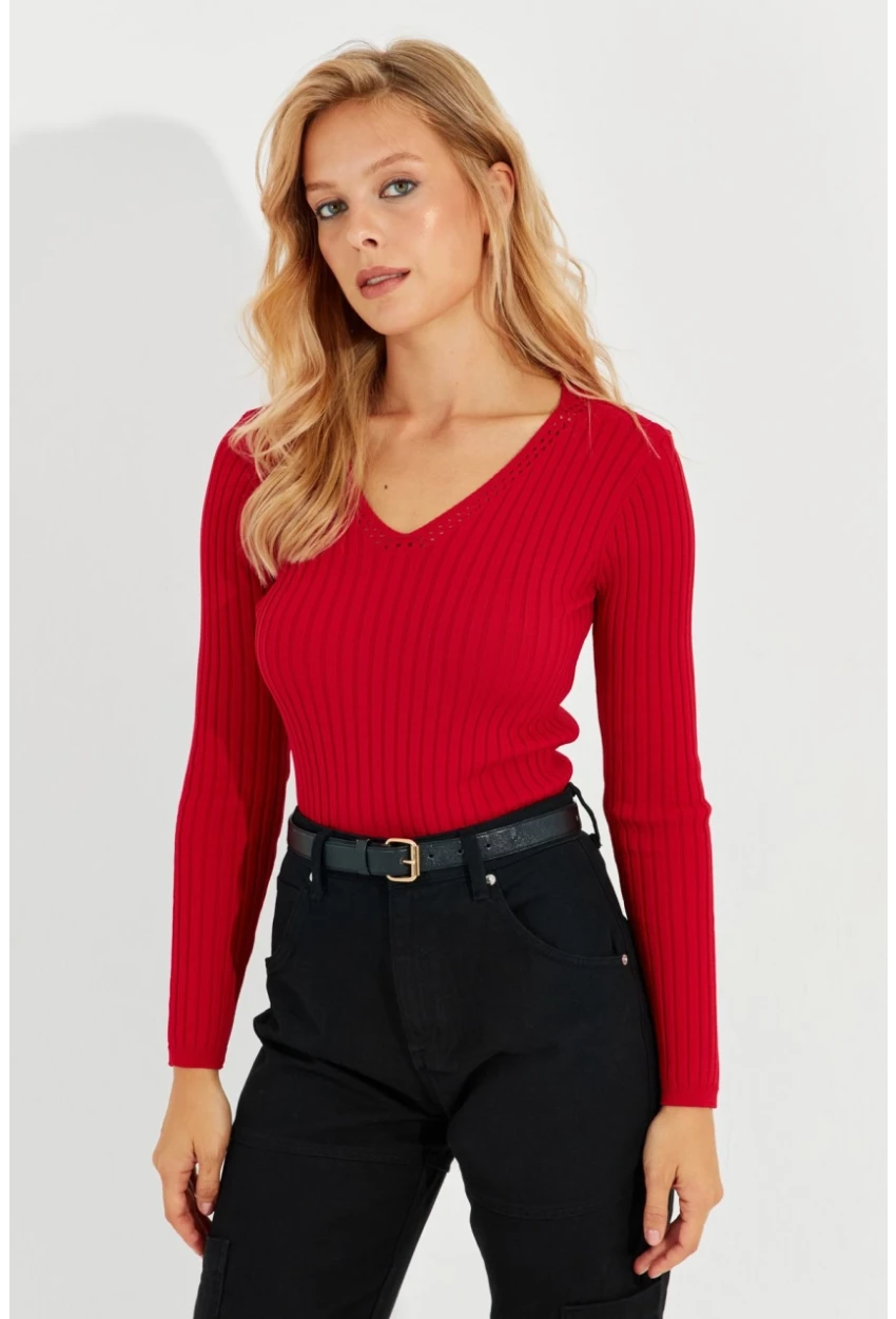 Kadın Kırmızı V Yaka Fitilli Triko Bluz SMT216