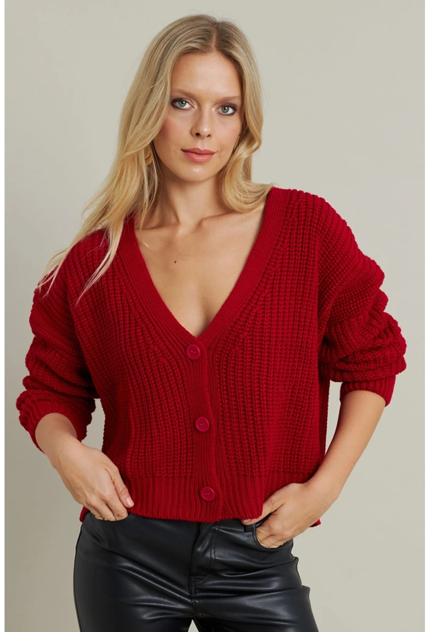 Kadın Kırmızı V Yaka Hırka KAZ35
