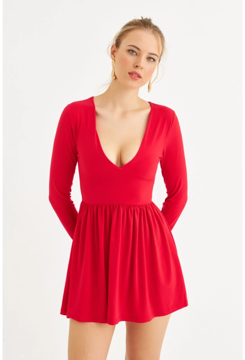 Kadın Kırmızı V Yaka Mini Elbise LİK17