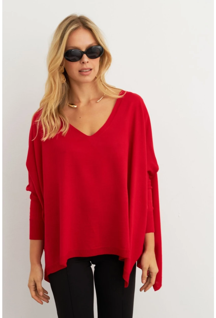 Kadın Kırmızı V Yaka Salaş Bluz YV304