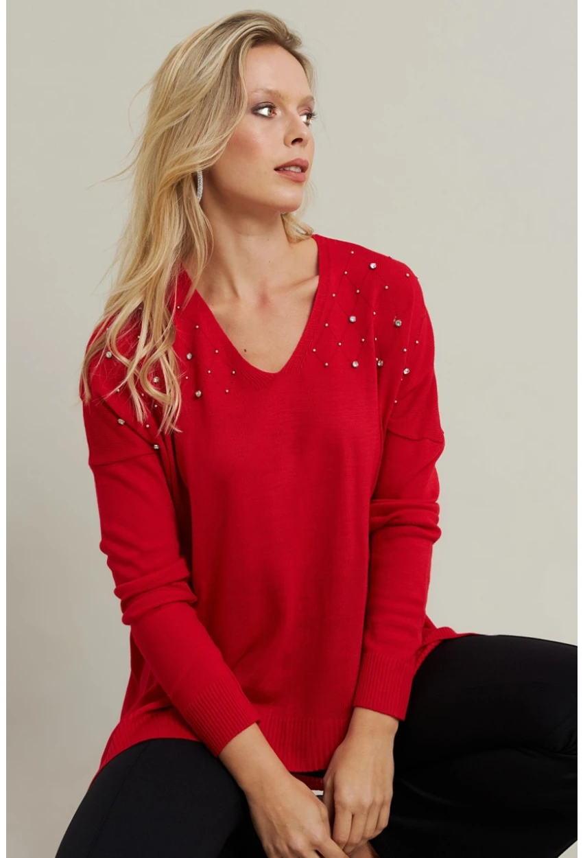 Kadın Kırmızı V Yaka Taşlı İnce Triko Bluz YİL002