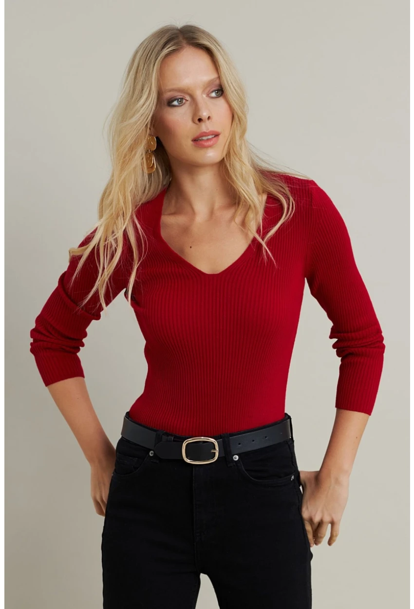 Kadın Kırmızı V Yaka Triko Bluz YV284