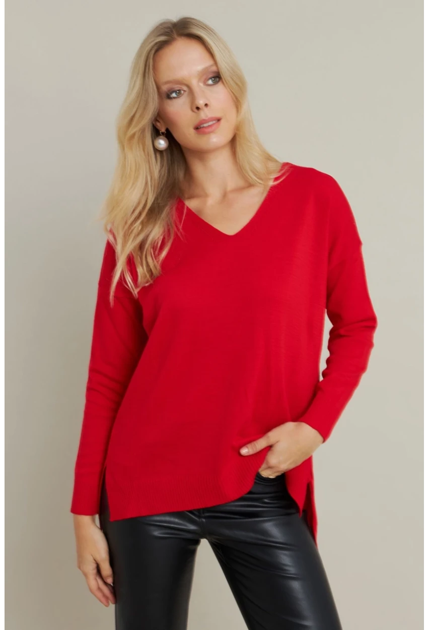 Kadın Kırmızı V Yaka Triko Kazak YİL549