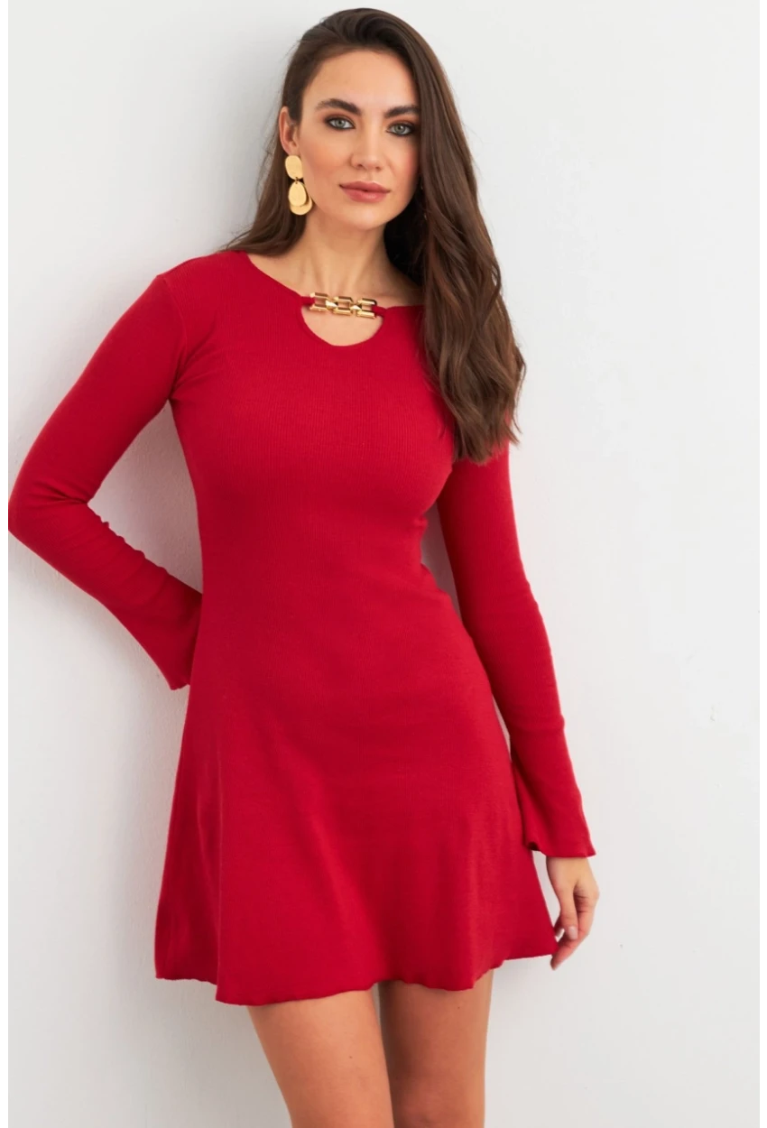Kadın Kırmızı Yakası Aksesuarlı Mini Elbise FRY2267