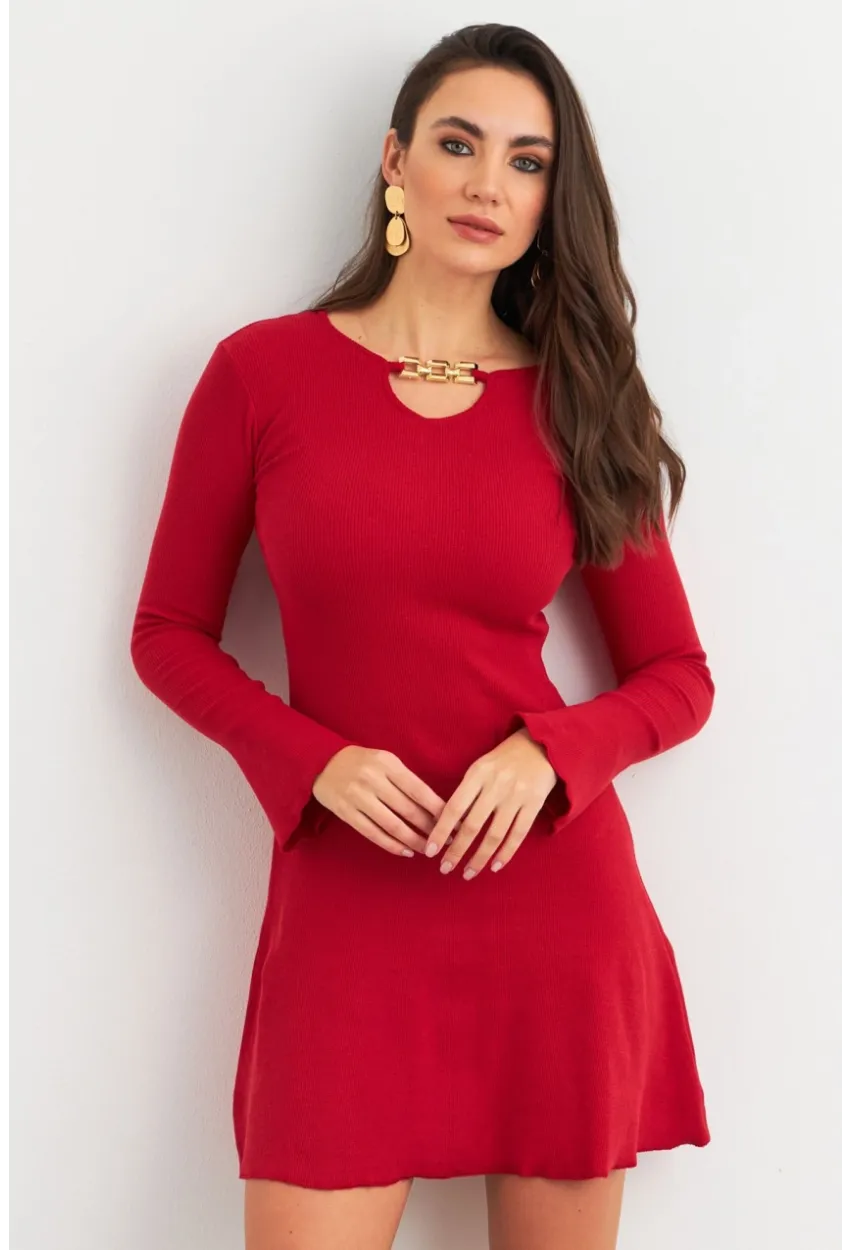 Kadın Kırmızı Yakası Aksesuarlı Mini Elbise FRY2267