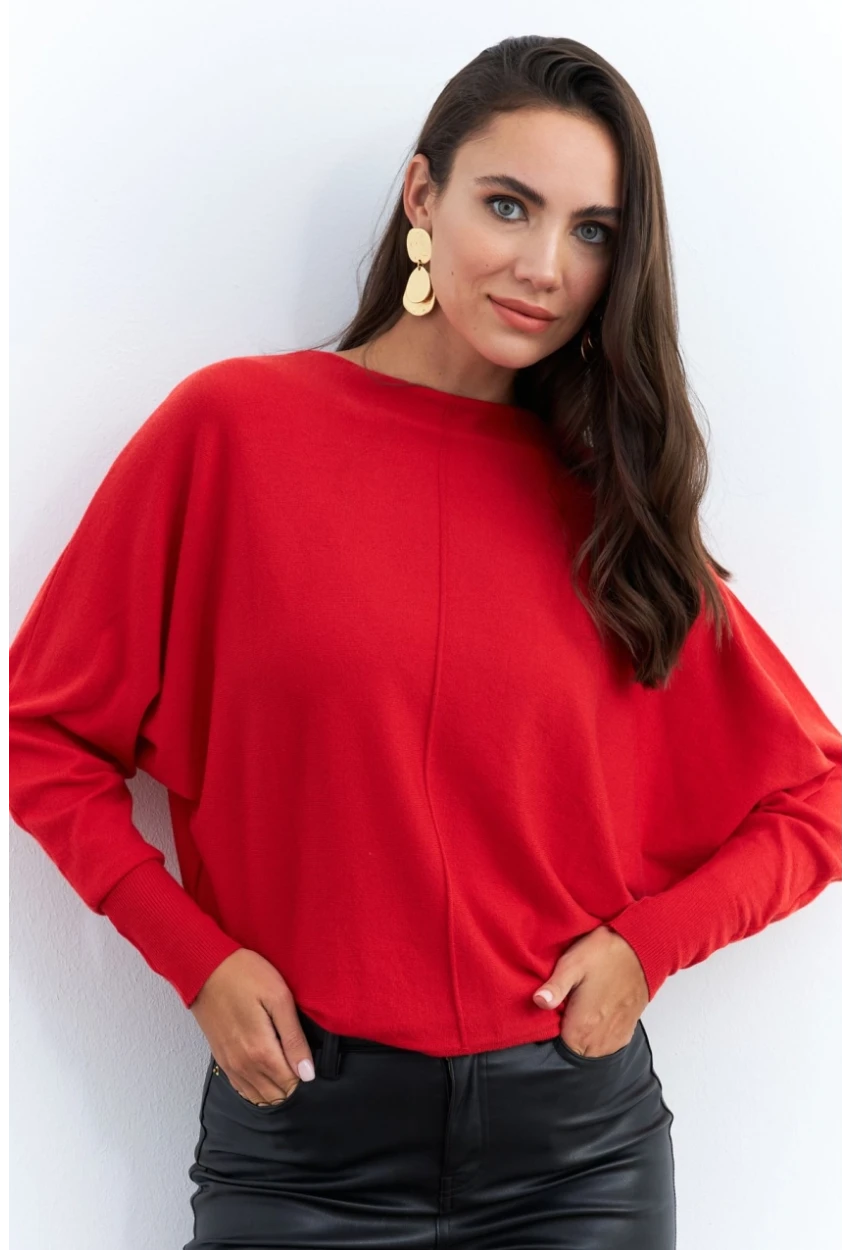 Kadın Kırmızı Yarasa Kol Kazak YİL558