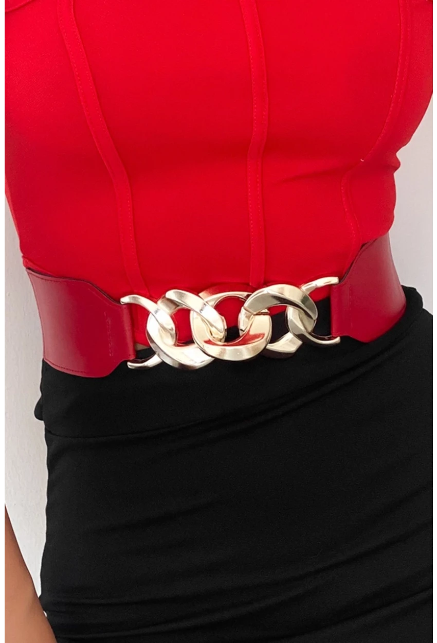 Kadın Kırmızı Zincirli Lastikli Kemer BE639