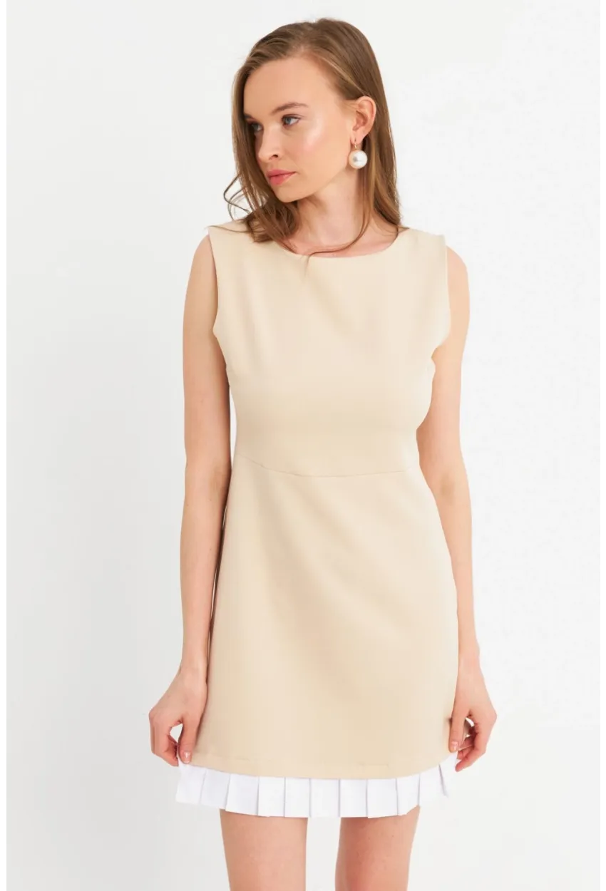 Kadın Krem Kontrast Pileli Mini Elbise FRY100