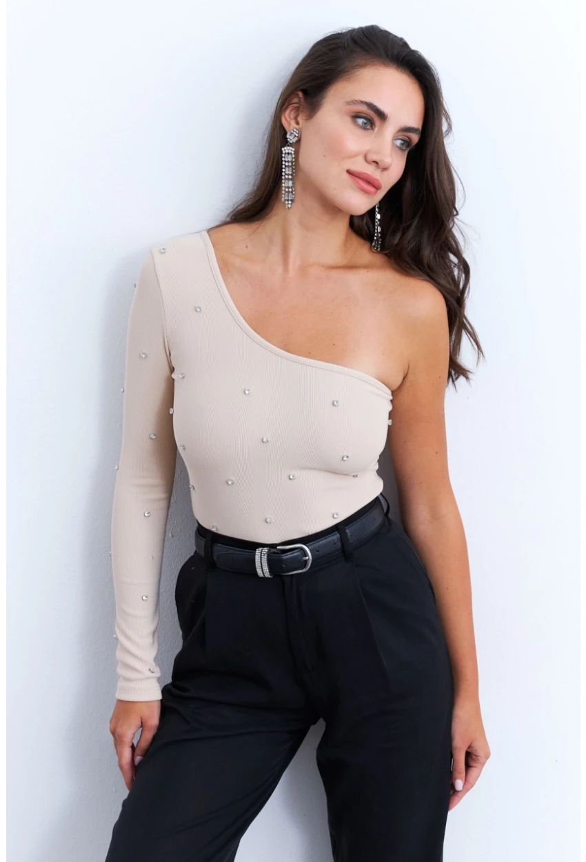 Kadın Krem Taşlı Tek Kol Crop Bluz HOL2