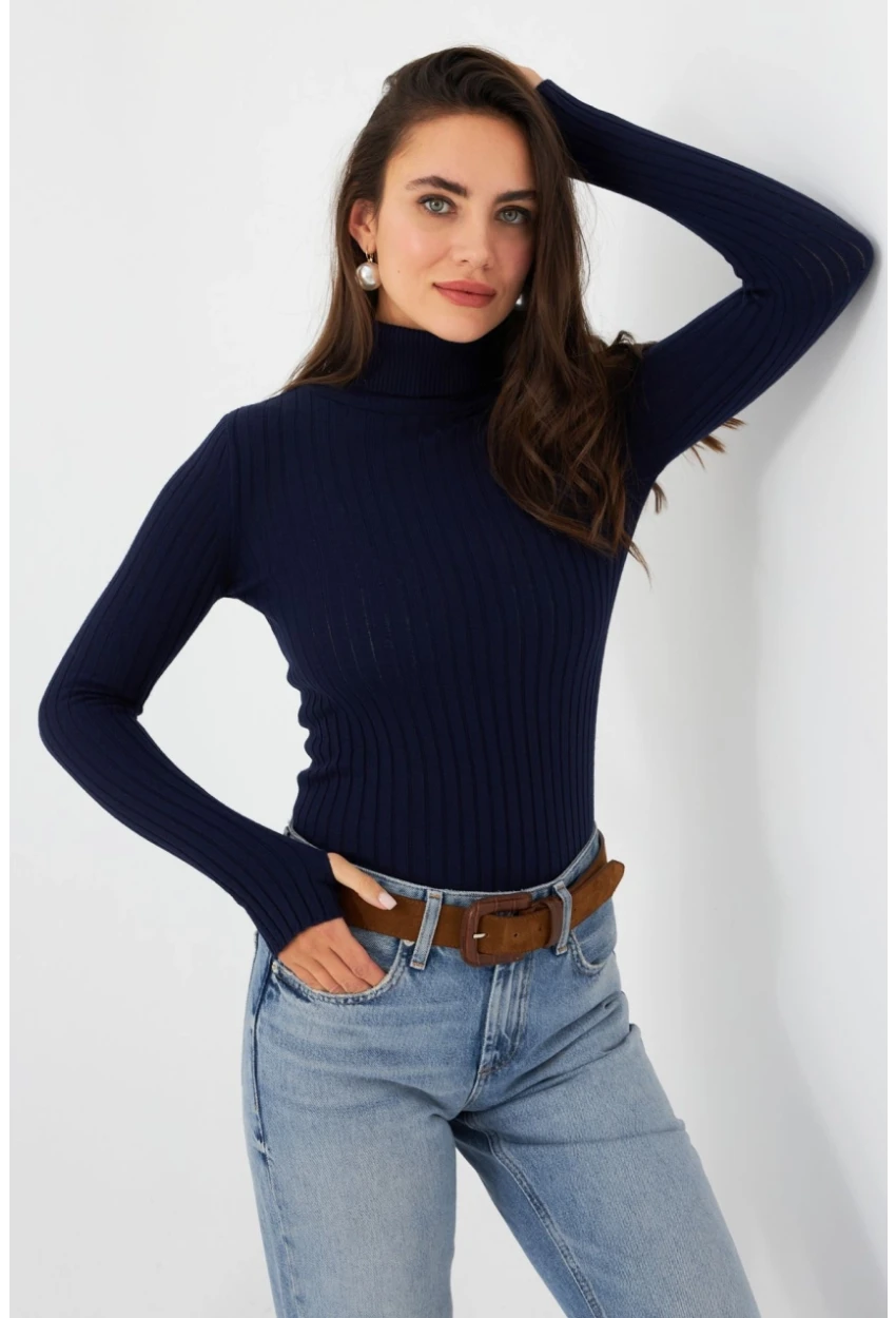 Kadın Lacivert Balıkçı Yaka Triko Bluz YV102-90