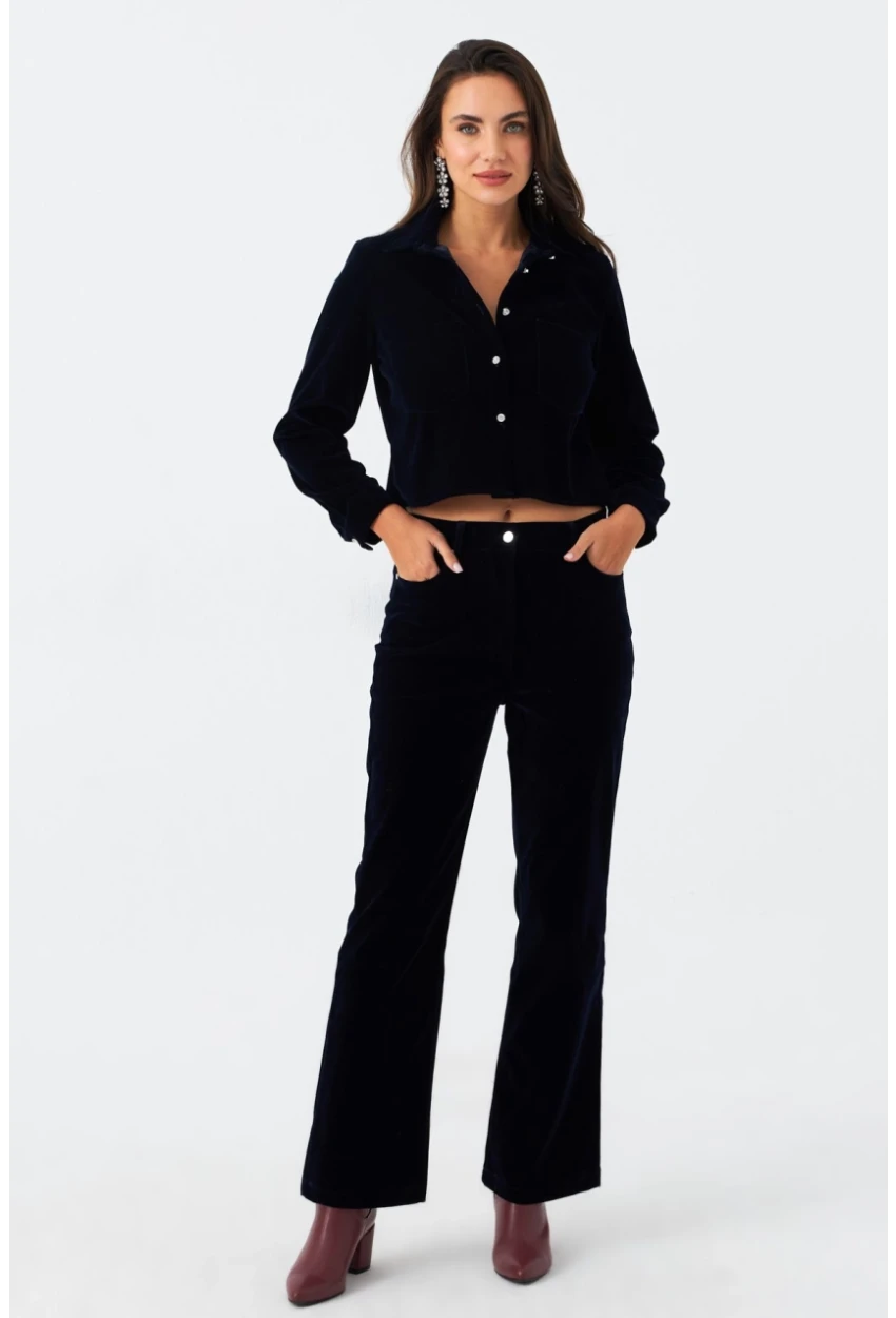 Kadın Lacivert Beli Lastikli Kadife Pantolon CAR1076