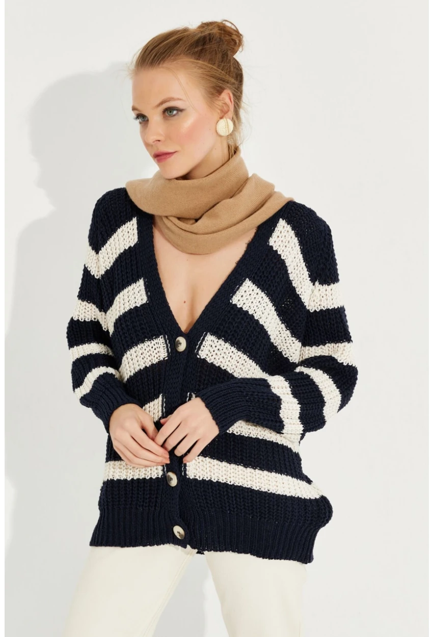 Kadın Lacivert Çizgili Salaş Hırka MİW8061