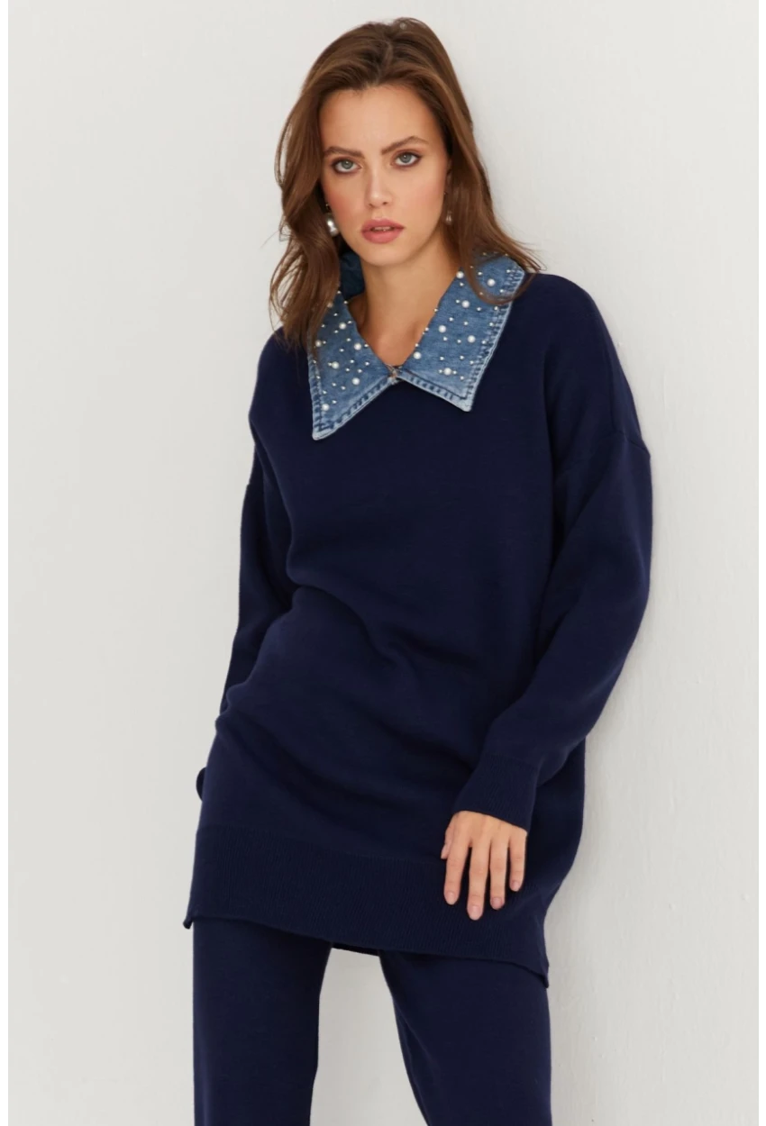 Kadın Lacivert Denim Yakalı İncili Alt Üst Triko Takım MNUV22