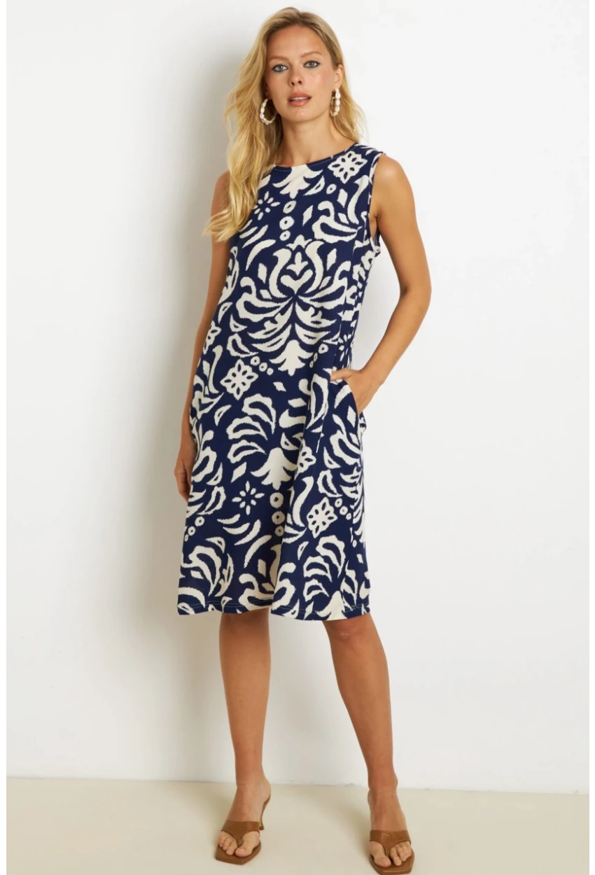 Kadın Lacivert Desenli Cepli Midi Elbise YZ1059
