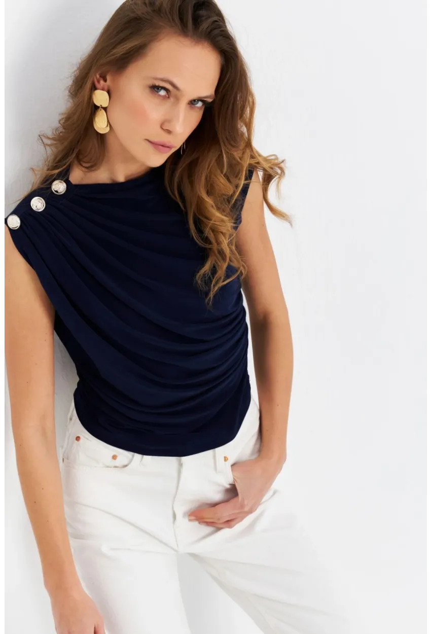 Kadın Lacivert Düğme Detaylı Büzgülü Bluz LPP1205-1