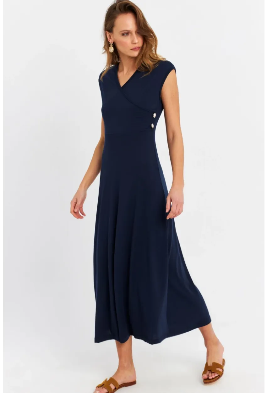 Kadın Lacivert Düğme Detaylı Kruvaze Midi Elbise MEY0011