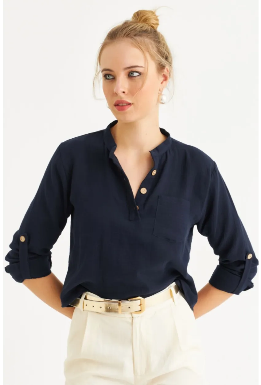 Kadın Lacivert Düğmeli Keten Gömlek Bluz BTH17