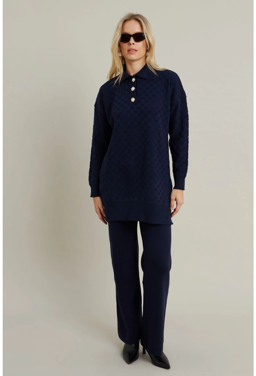 Kadın Lacivert İnci Düğmeli Triko Alt Üst Takım MNUV33