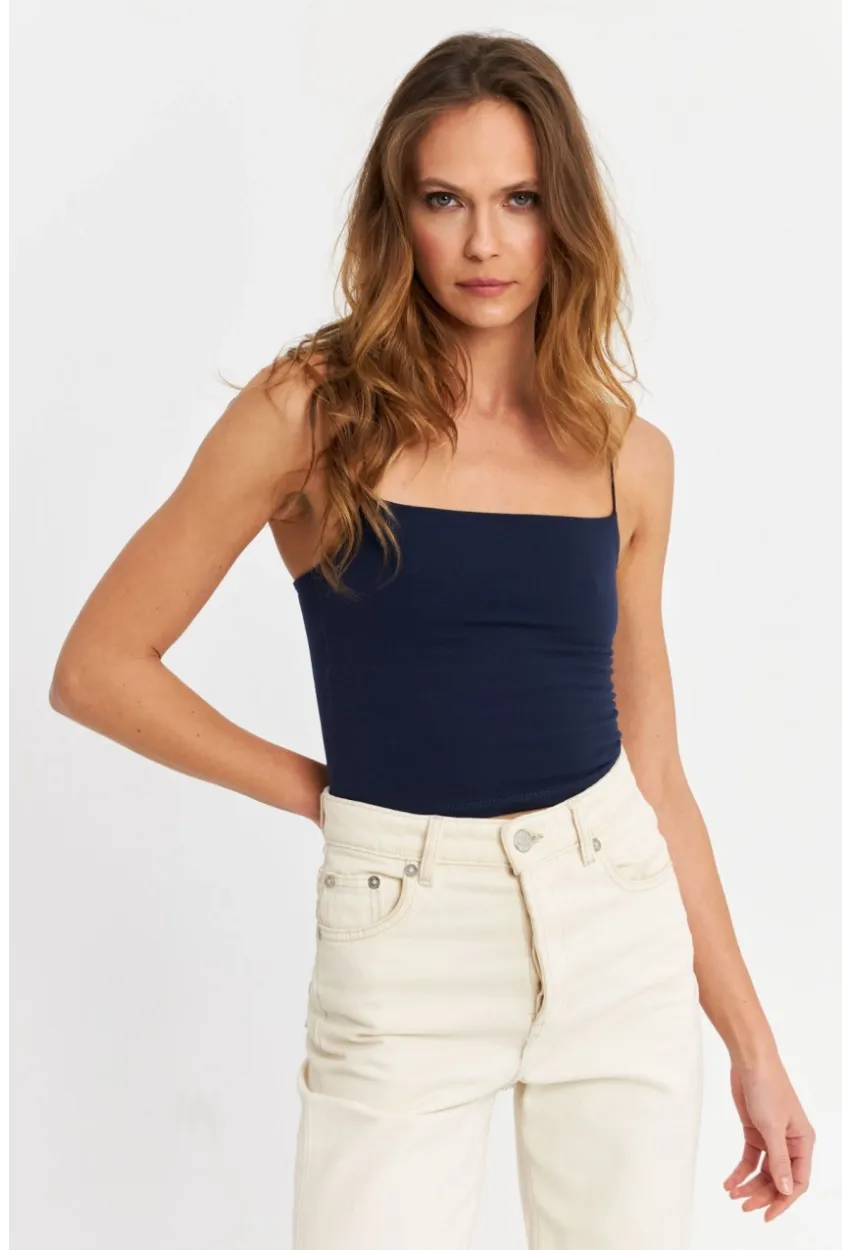 Kadın Lacivert İp Askılı Crop Bluz EV63