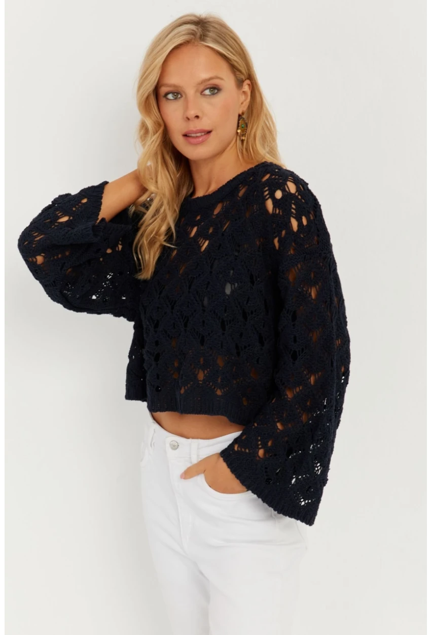 Kadın Lacivert İspanyol Kol Ajurlu Triko Bluz MİW0761