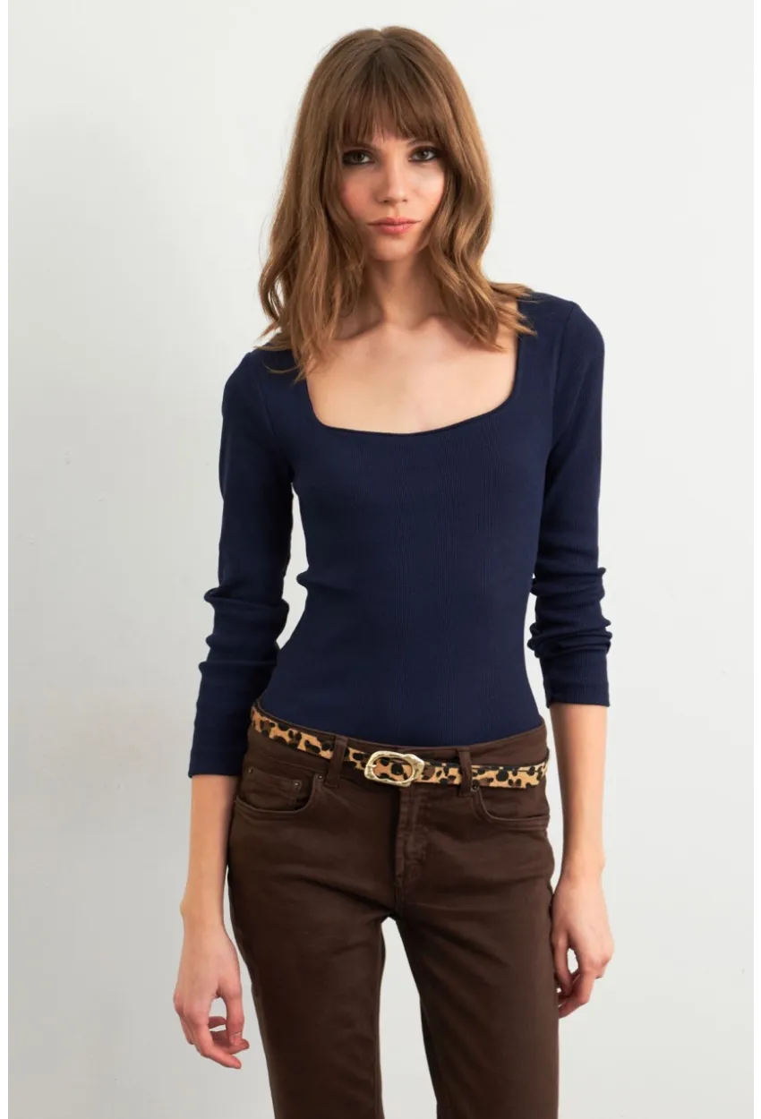 Kadın Lacivert Kare Yaka Kaşkorse Bluz GA101