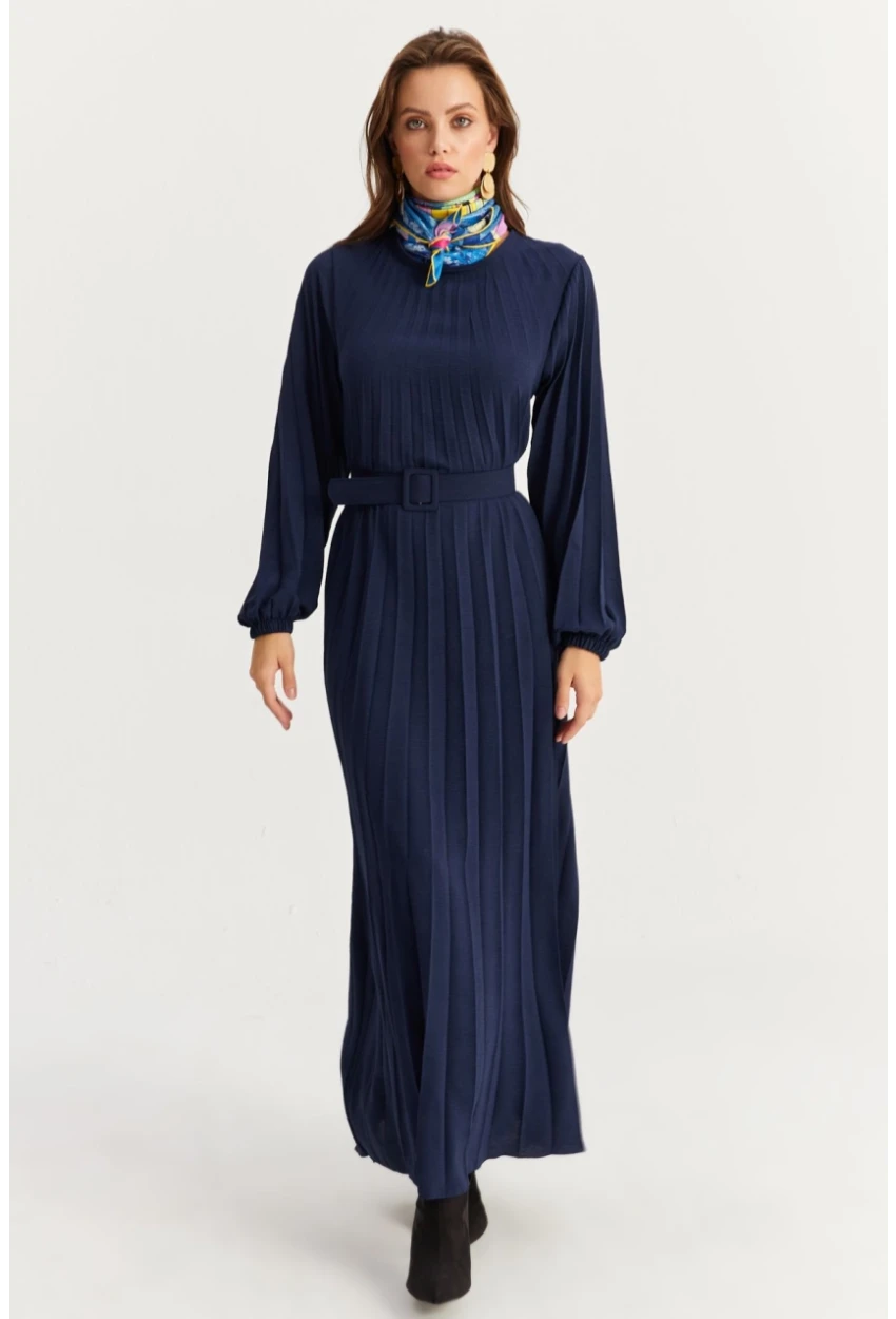 Kadın Lacivert Kemerli Plili Maxi Elbise ALZ500