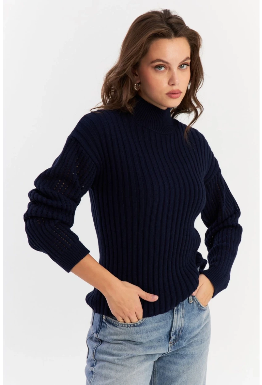 Kadın Lacivert Kolları File Triko Bluz YV288