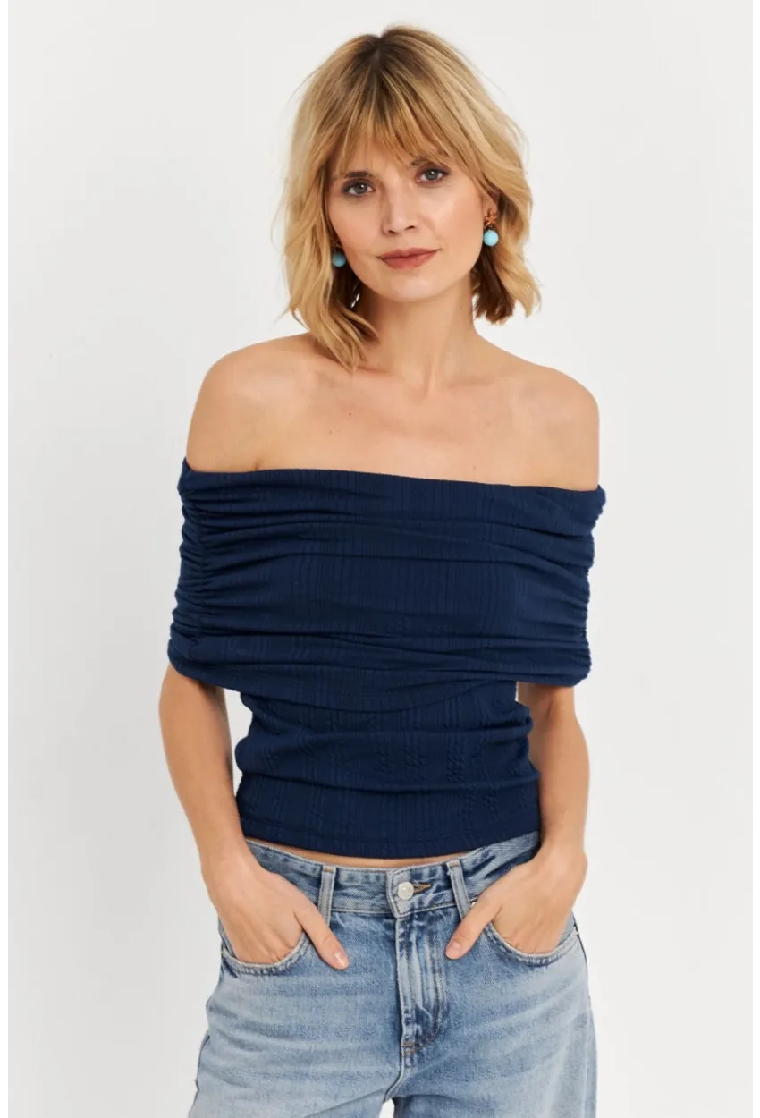 Kadın Lacivert Kolsuz Madonna Yaka Bluz TF51