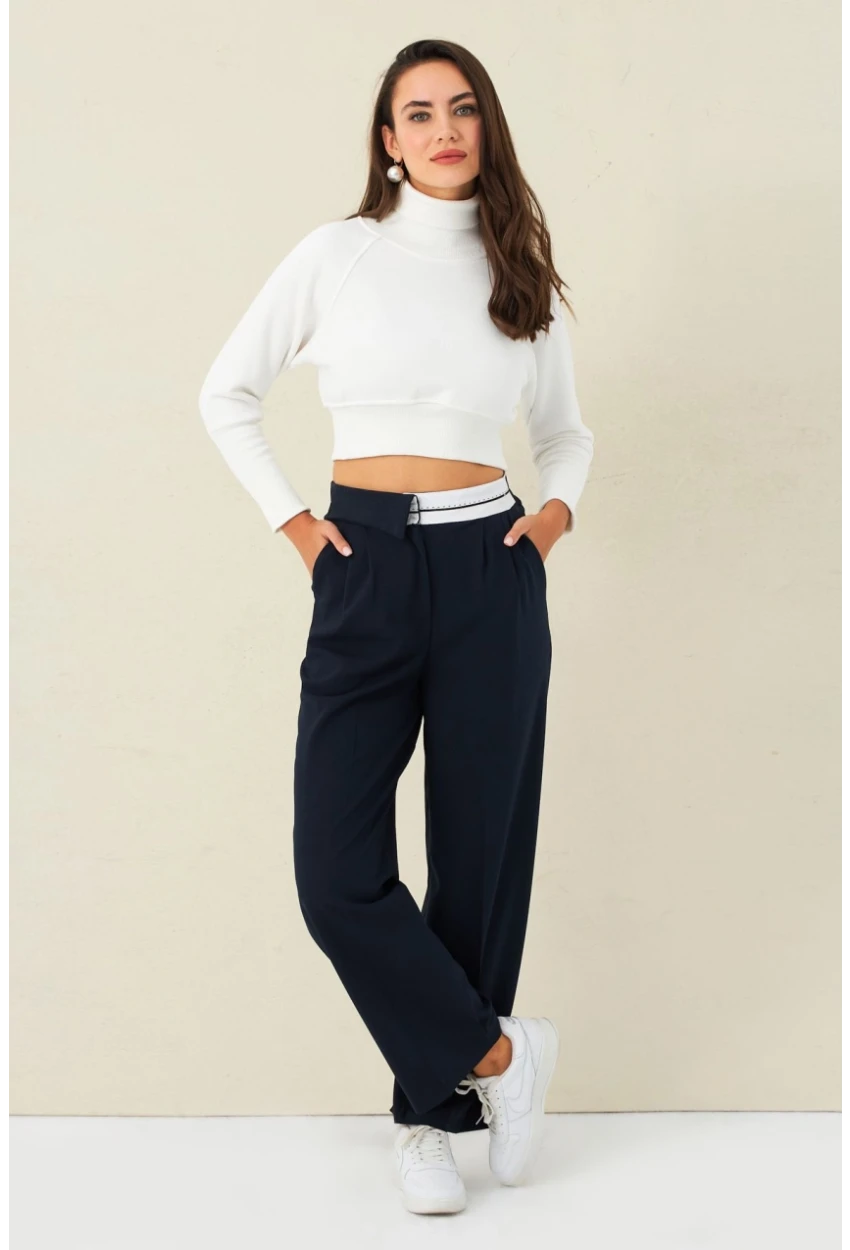 Kadın Lacivert Kontrast Bel Kumaşlı Pantolon ELA6078