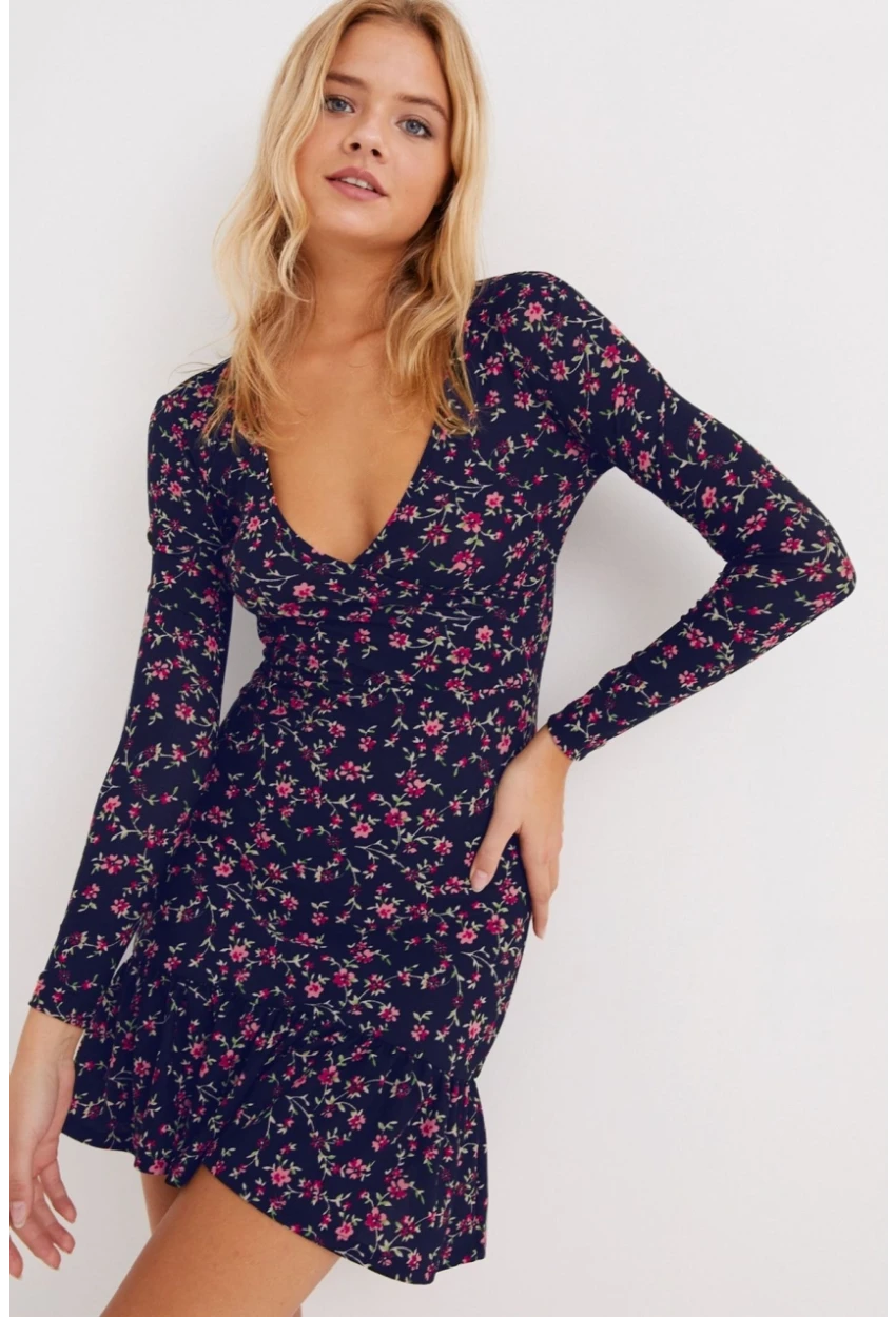 Kadın Lacivert Kruvaze Volanlı Mevsimlik Skater Elbise EY1027