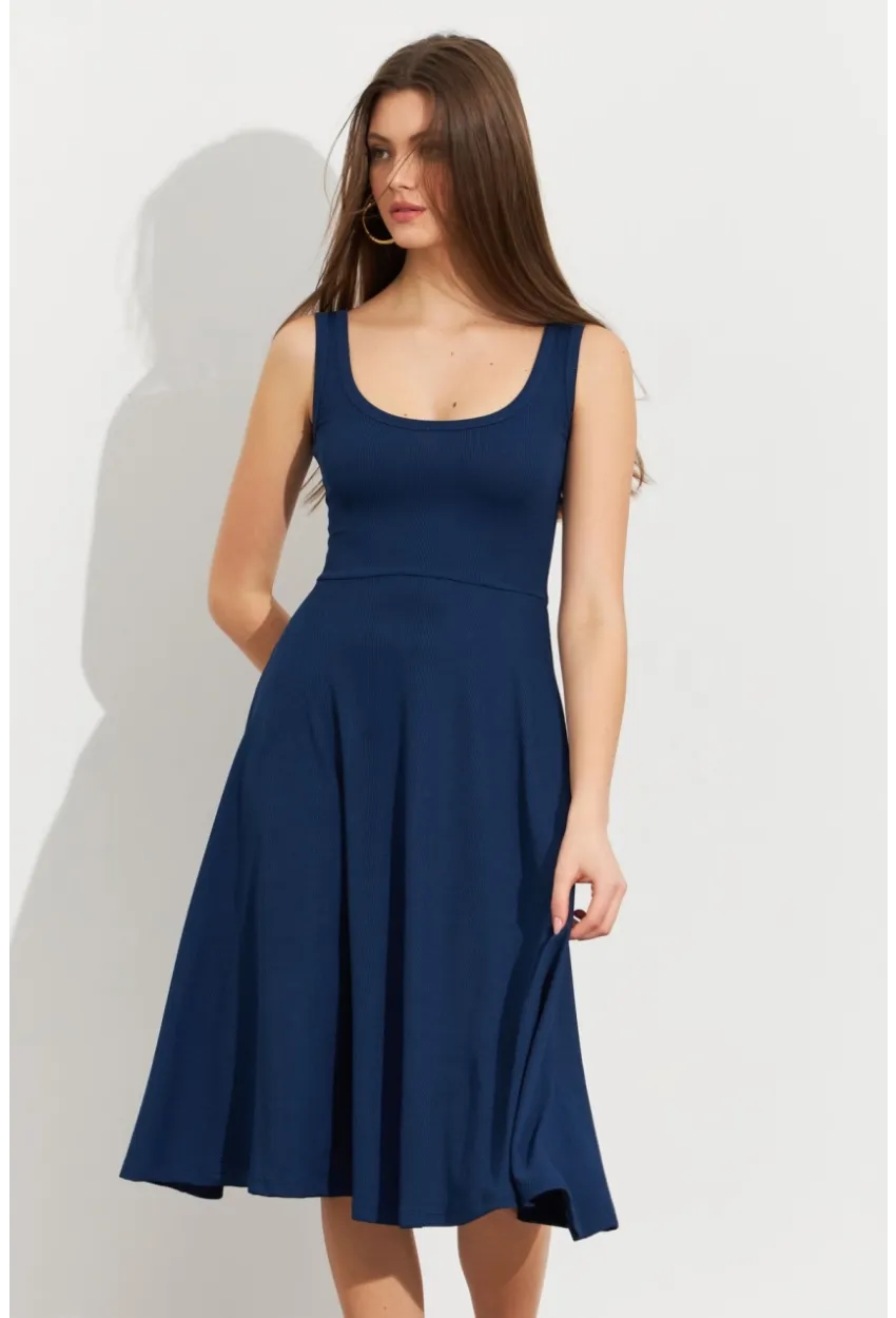 Kadın Lacivert Ön Arka U Çan Etekli Midi Elbise DMR470
