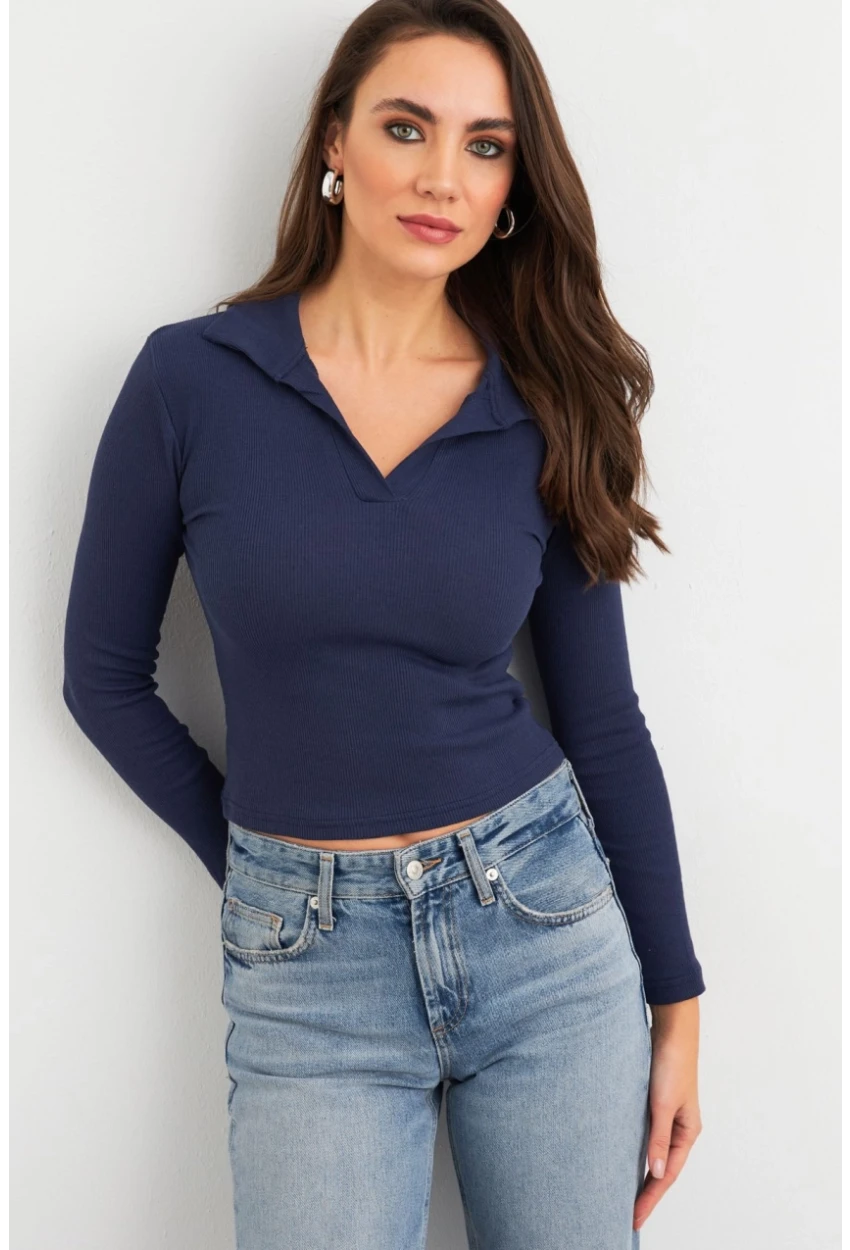 Kadın Lacivert Polo Yaka Kaşkorse Bluz LON3006