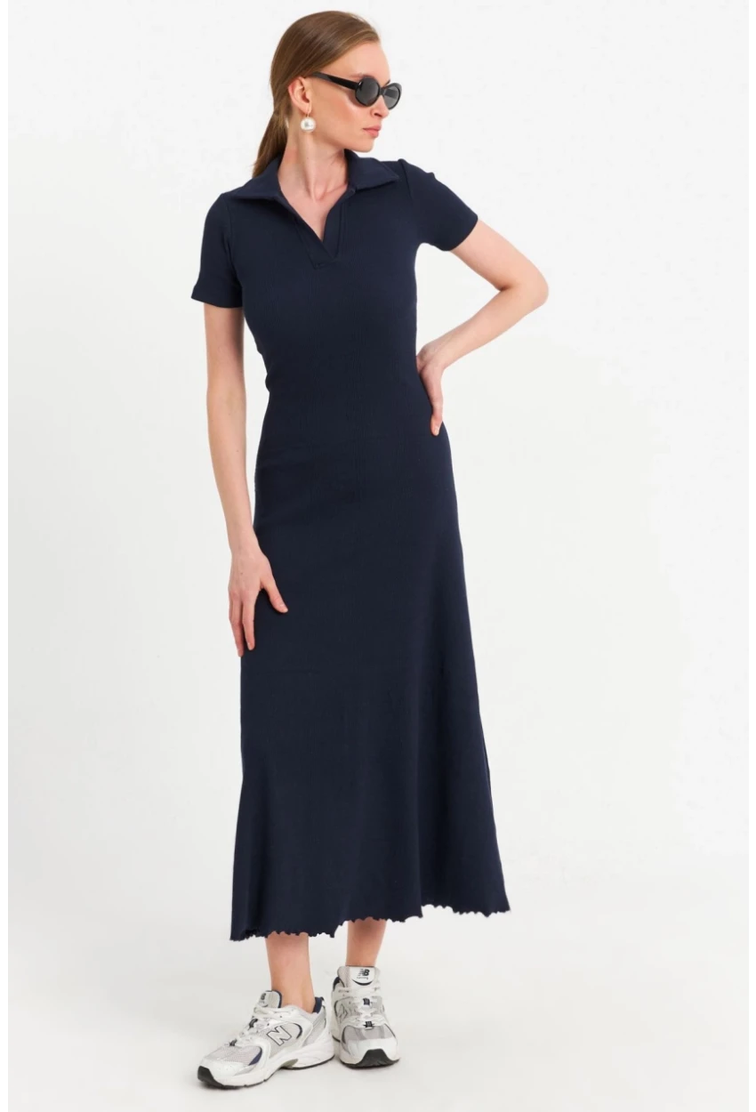 Kadın Lacivert Sırt Bağlamalı Kaşkorse Midi Elbise MFRY0001