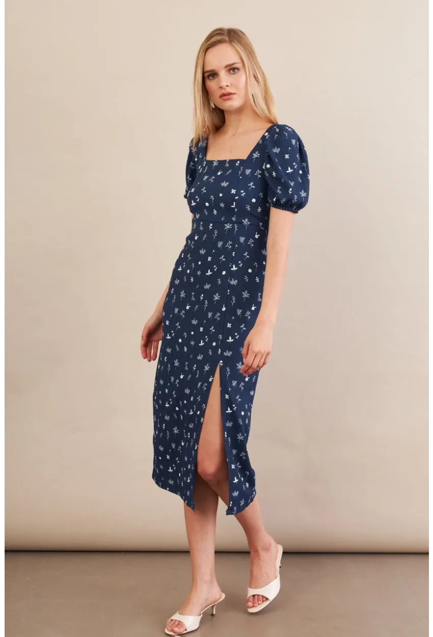 Kadın Lacivert Sırtı Detaylı Çiçekli Midi Elbise CHN103