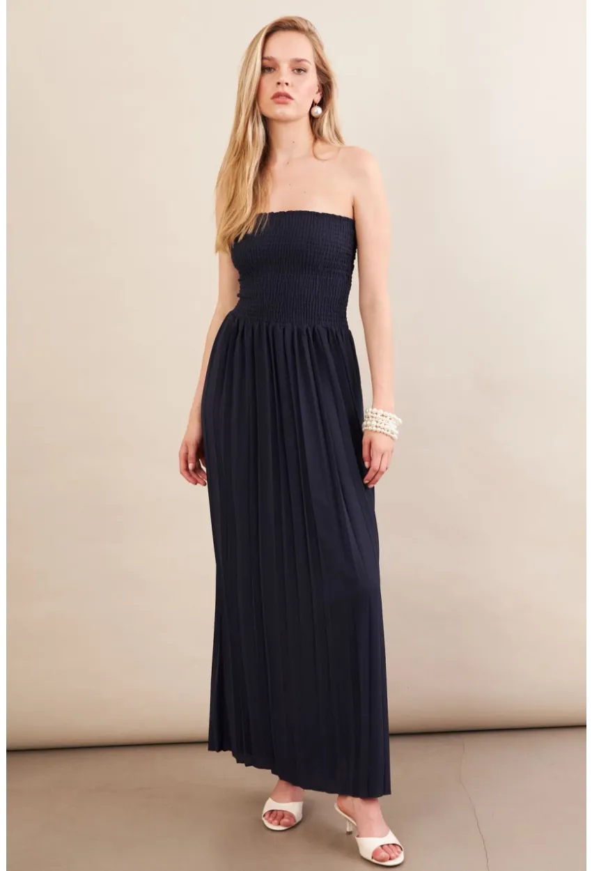 Kadın Lacivert Straplez Yaka Midi Elbise MSİ100