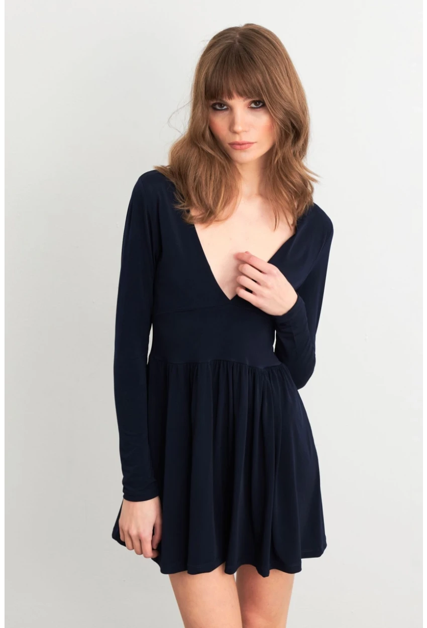 Kadın Lacivert V Yaka Mini Elbise LİK17