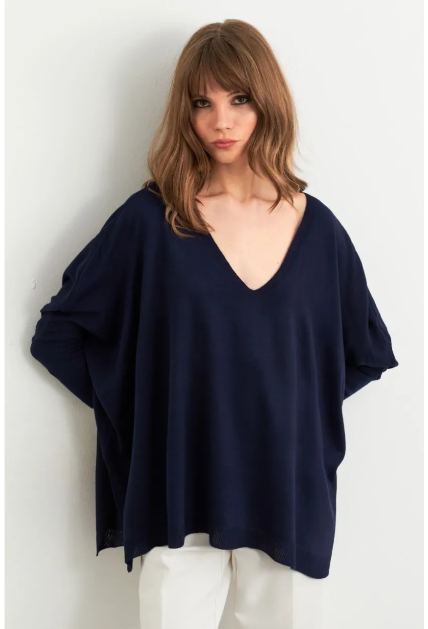 Kadın Lacivert V Yaka Salaş Bluz YV304