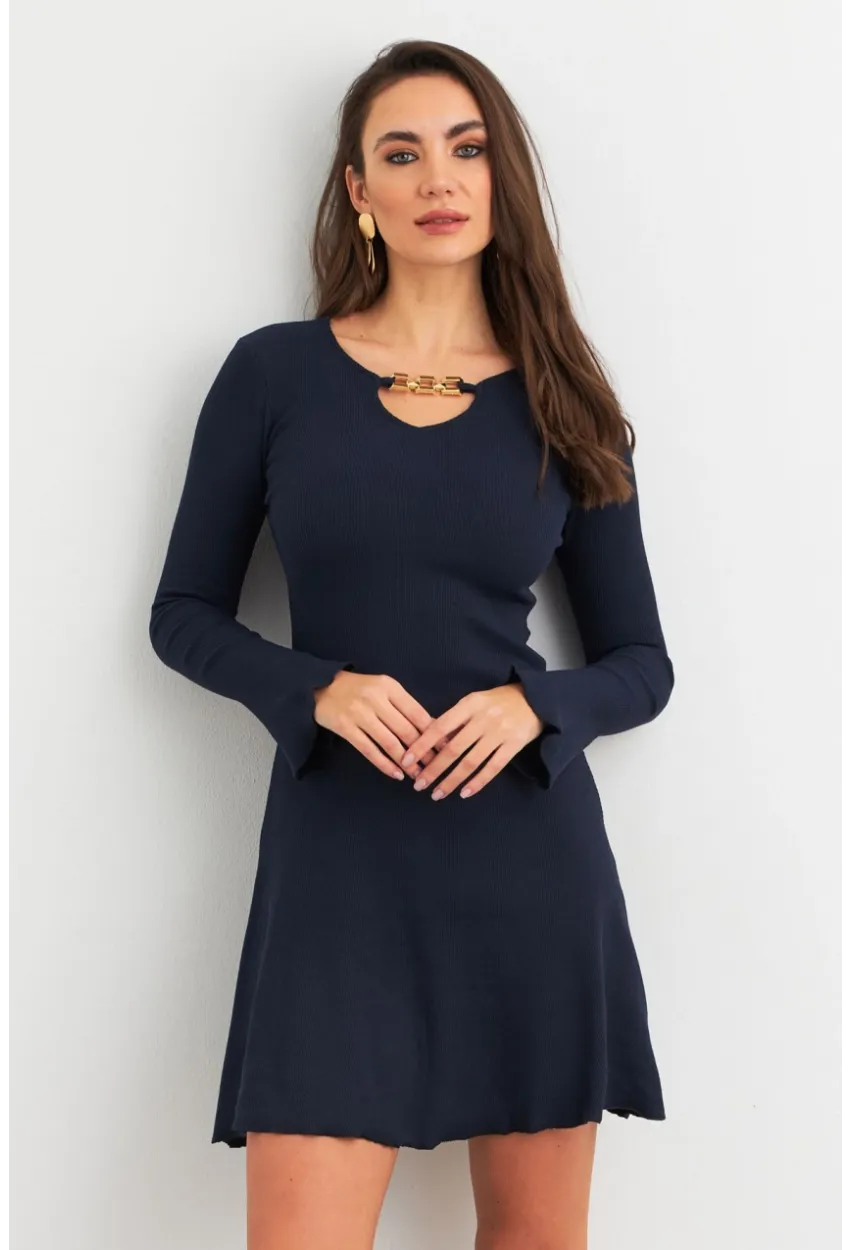 Kadın Lacivert Yakası Aksesuarlı Mini Elbise FRY2267