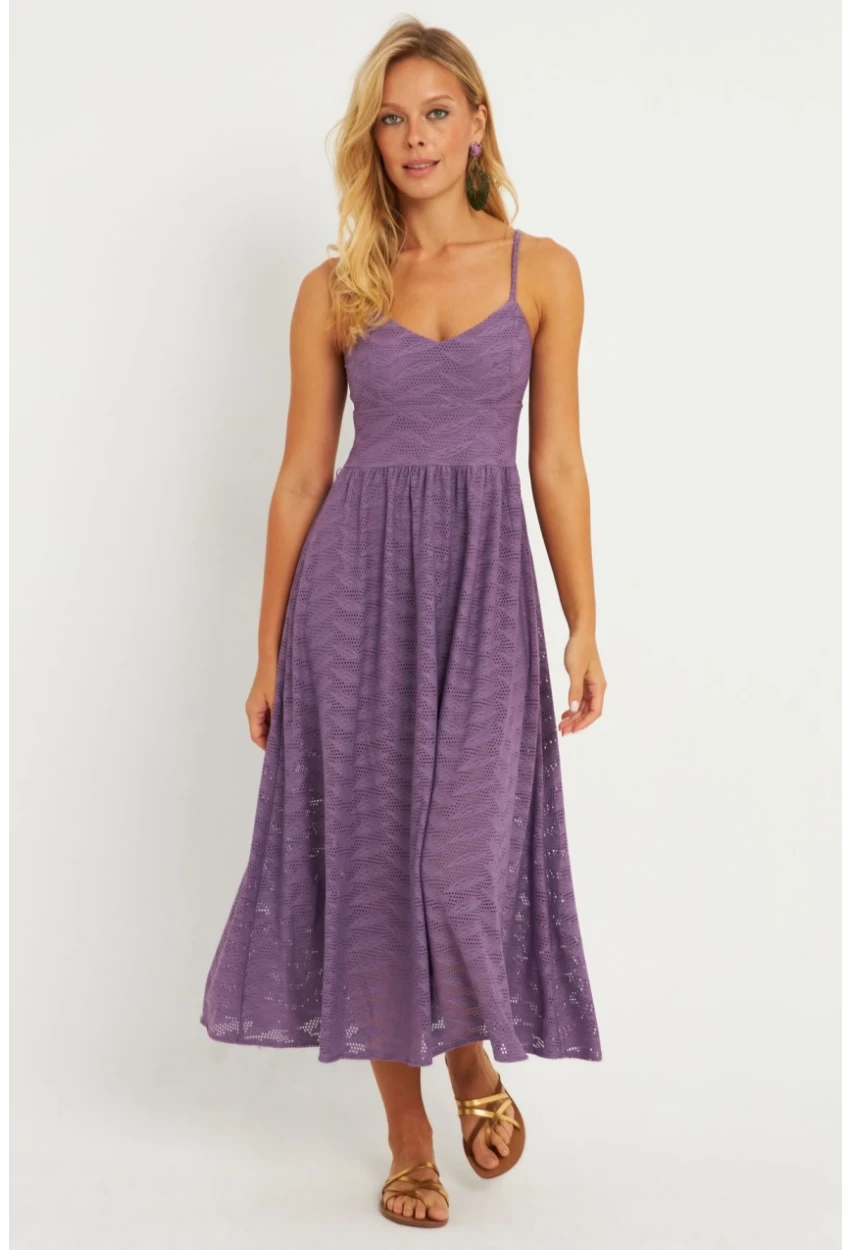 Kadın Lila Astarlı Brode Midi Elbise TW70102-90