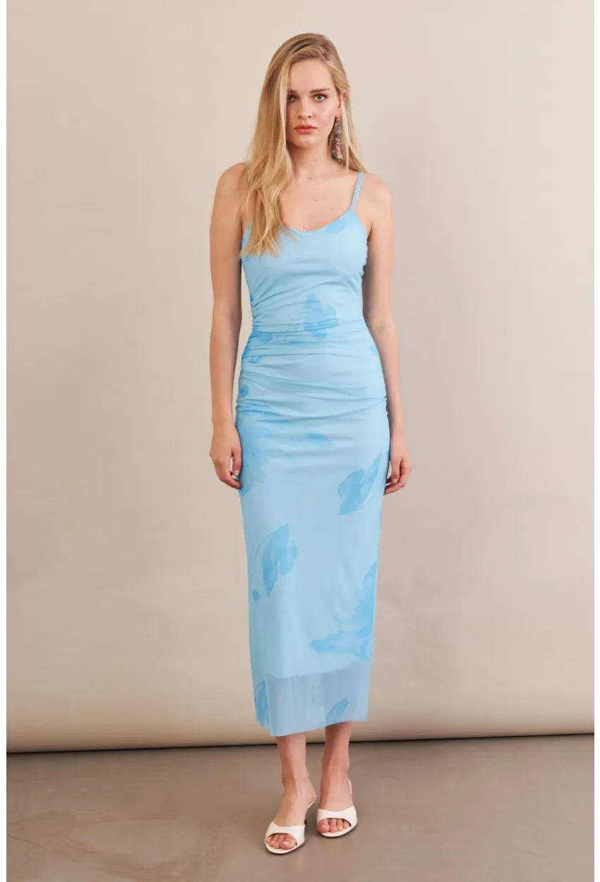 Kadın Mavi Astarlı Midi Tül Elbise MRS130