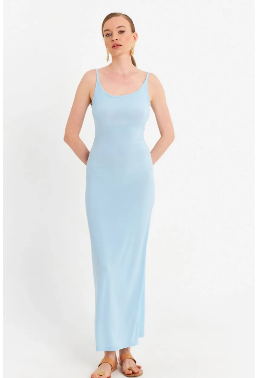 Kadın Mavi Ayarlanabilir Askılı Maxi Elbise MEN2004