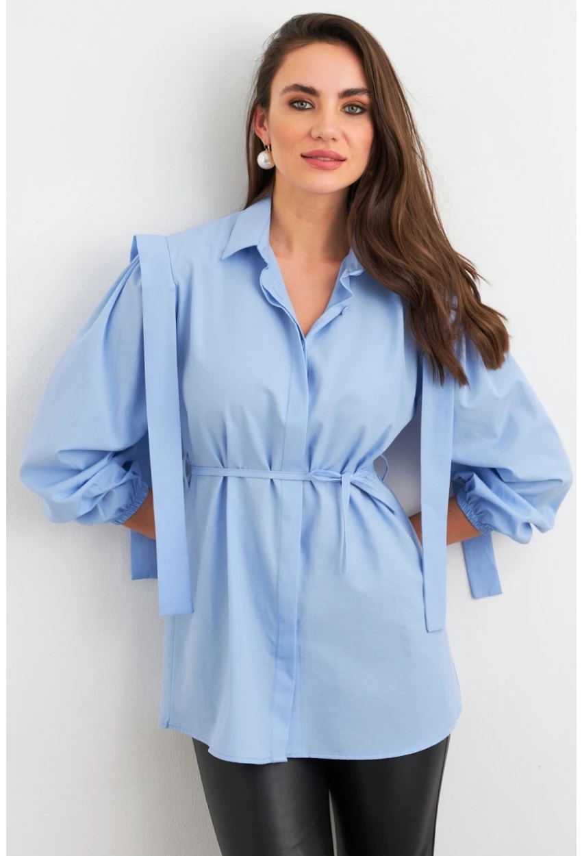 Kadın Mavi Bağlama Detaylı Basic Gömlek MASF185